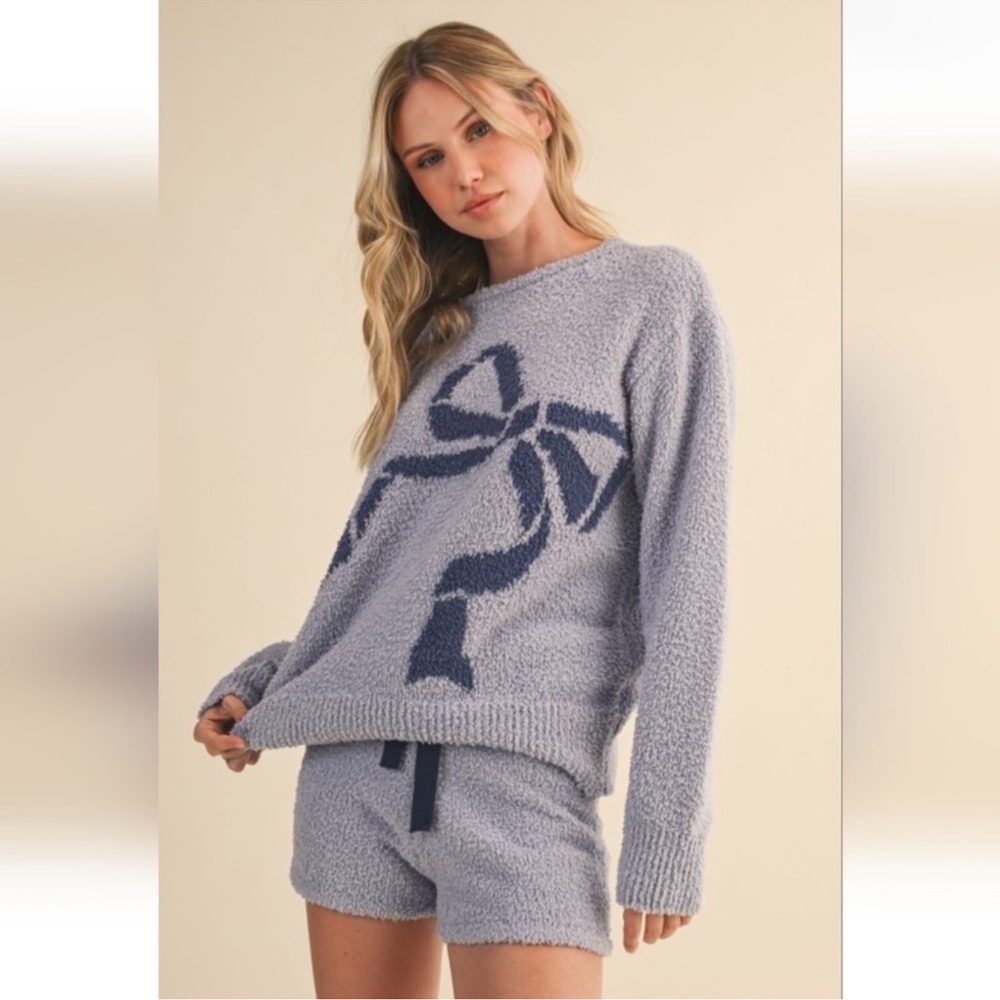 Klesis Bow Cozy Knit Lounge Set Blue Sweater Shorts Coquette NWT S - Picture 1 of 8